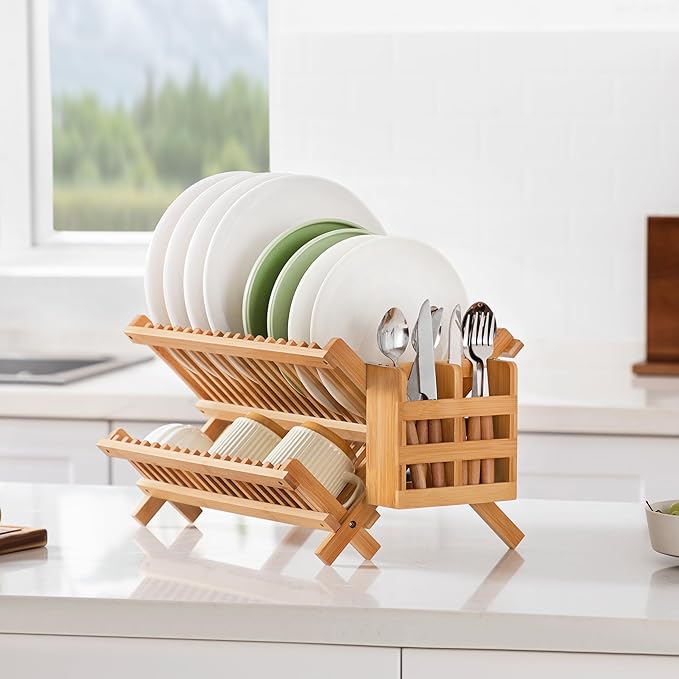 Bamboo Dish Drying Rack with Utensil Holder, 2 Tier Collapsible Dish Rack - Image 5