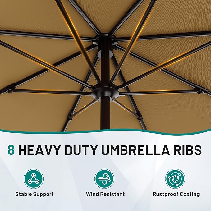 AreShark 9 FT Patio Umbrella for Outdoor, Outdoor Table Umbrella with Push Button Tilt and Crank, Outdoor Patio Umbrellas with 8 Sturdy Ribs for Market, Garden, Pool (Khaki) - Image 3