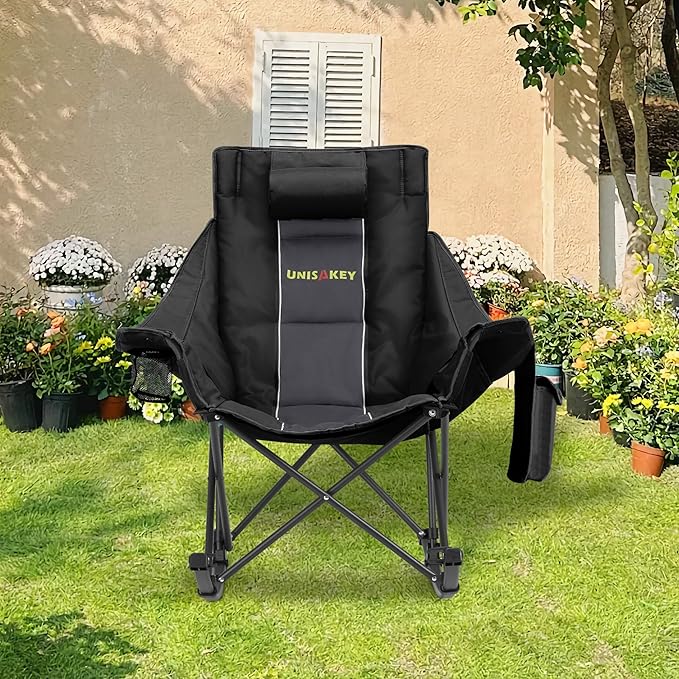 Oversized Rocking Camping Chair with Headrest & Cup Holder - 400lbs Capacity, 600D Oxford Fabric, Easy Fold Portable Outdoor Rocker Chair for Camping, Backyard, Beach, Deep Gray - Image 2