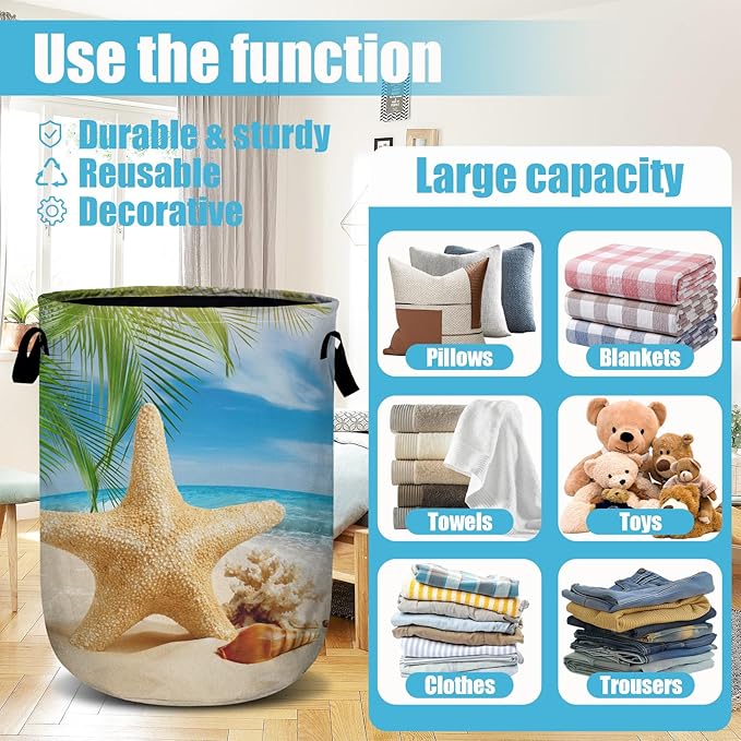 Starfish Seashell Laundry Basket, Ocean Sea Beach Laundry Hamper Collapsible - Image 3
