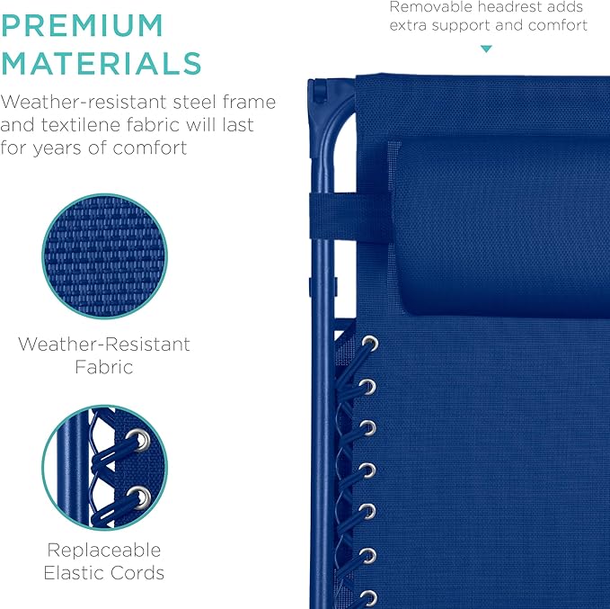 Best Choice Products Folding Zero Gravity Outdoor Recliner Patio Lounge Chair w/Adjustable Canopy Shade, Headrest, Side Accessory Tray, Textilene Mesh - Marine - Image 5