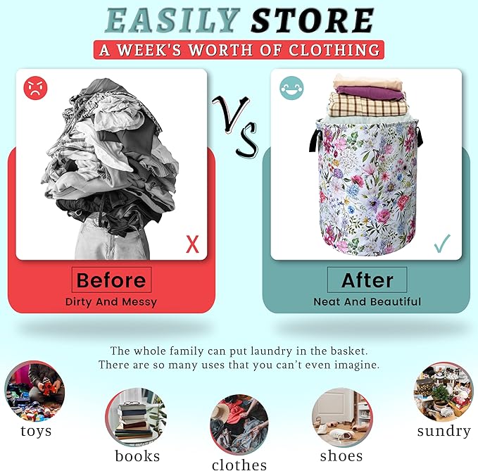 Watercolor Flower Floral Laundry Basket Foldable - Image 3
