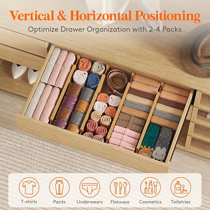 Lifewit 4" High 4 Pack Bamboo Drawer Dividers 43-54cm/17-21.5" Adjustable - Image 4