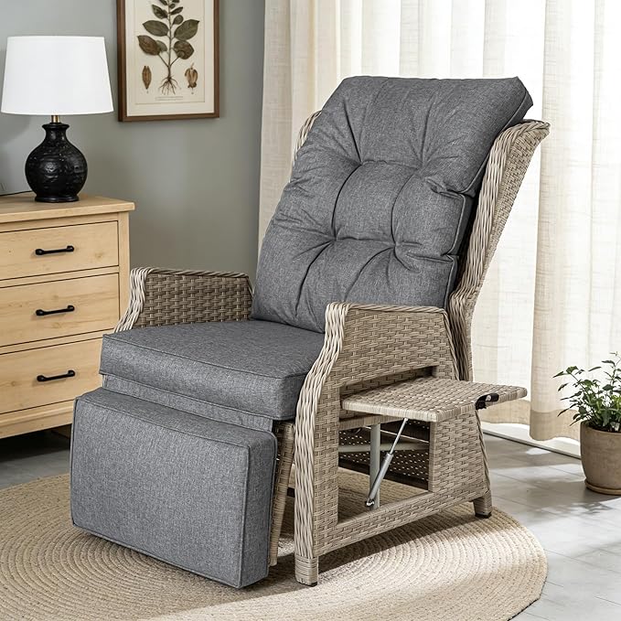 Outdoor Recliner with Adjustable Back and Footrest, Patio 150° Lay Flat Recliner with Flip Table Wicker Reclining Lounge Chair, Grey with Beige Wicker 2PCS - Image 7