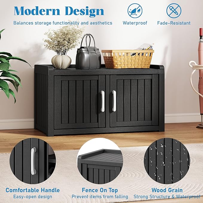 2-Tier Storage Bench, Waterproof UV-Resistant Outdoor Shoe Storage Cabinet with 2 Doors & Adjustable Shelves for Indoor Outdoor Entryway, Hallway, Living Room (Midnight Black) - Image 4