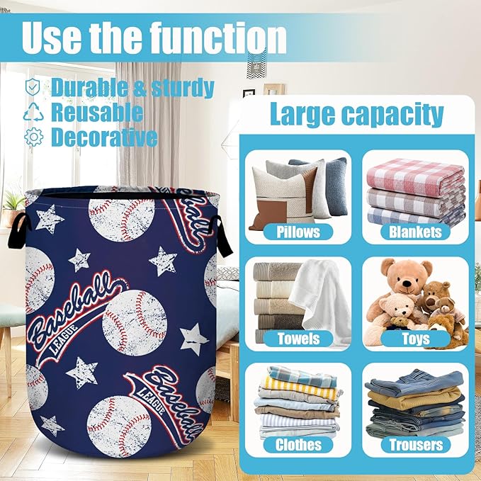 Baseballs and Stars Laundry Basket, Laundry Hamper Collapsible Oxford Cloth - Image 3