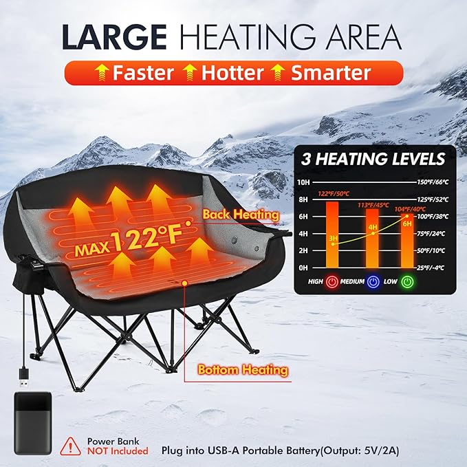 Heated Double Camping Chair - Heated Loveseat Chair for 2 Person Heavy Duty Oversized Padded Camping Couch for Adults Outdoor Sports Lawn Portable Folding Chairs - Image 4