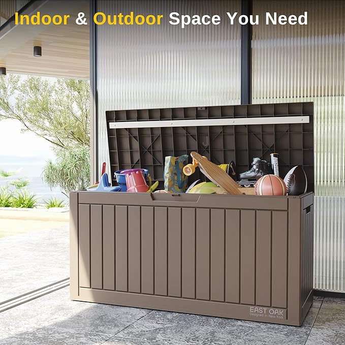 EAST OAK Outdoor Storage Box, 60 Gallon Deck Box Indoor and Outdoor Use, Waterproof Resin Storage Bin for Patio Cushions, Gardening Tools, Lockable, UV Resistant, Brown - Image 8