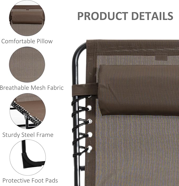 Outsunny Chaise Lounge Chair Outdoor, 5-Position Adjustable Sun Tanning Chair with Carrying Handle and Side Pocket, Folding Bed Cot with Removable Pillow for Garden, Beach, Patio, Pool, Camp, Brown - Image 5