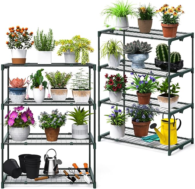 Ohuhu Plant Greenhouse Shelves 4 Tier 2 Pack Extra-Wide Stable Green House Shelving for Outdoor, 31x18x42 Inch Portable Rustproof Metal Shelf Plant Stand Rack Greenhouse Accessories by Ohuhu