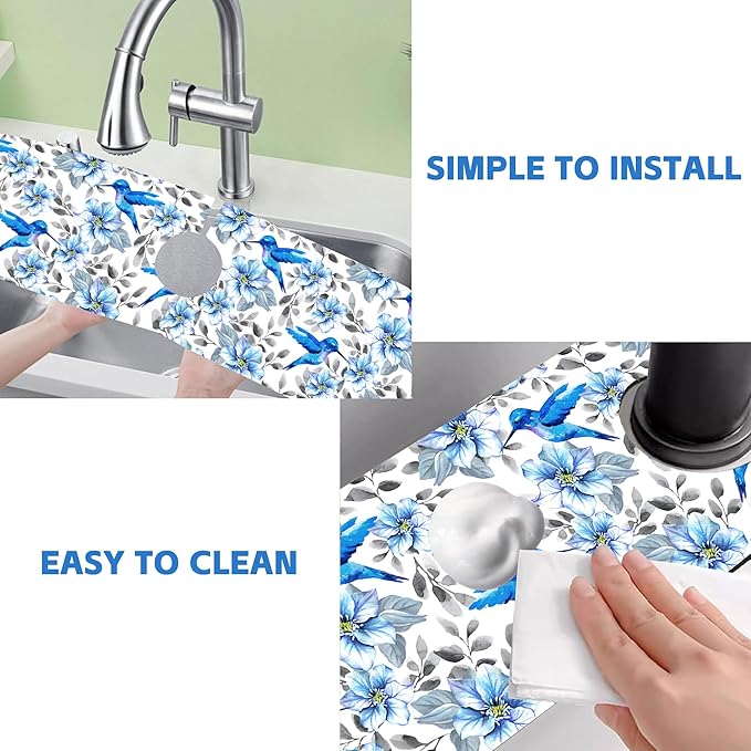 Kitchen Sink Splash Guard Faucet Mat Blue Floral and Hummingbird Absorbent Fast - Image 5