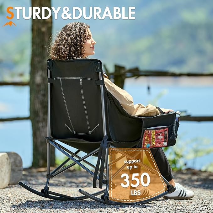 Portal Camping Rocking Chair Outdoors Folding Portable Rocker with Cup Holder Side Pocket Carry Bag, Support 350LBS, Black - Image 5