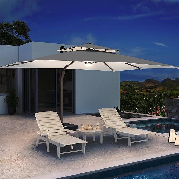 10 X 13 FT Cantilever Patio Umbrella with LED Lights Outdoor Heavy Duty Double Top Windproof Rectangle Offset Umbrellas with 360-degree Rotation for Pool Deck Backyard, Foggy Grey - Image 3