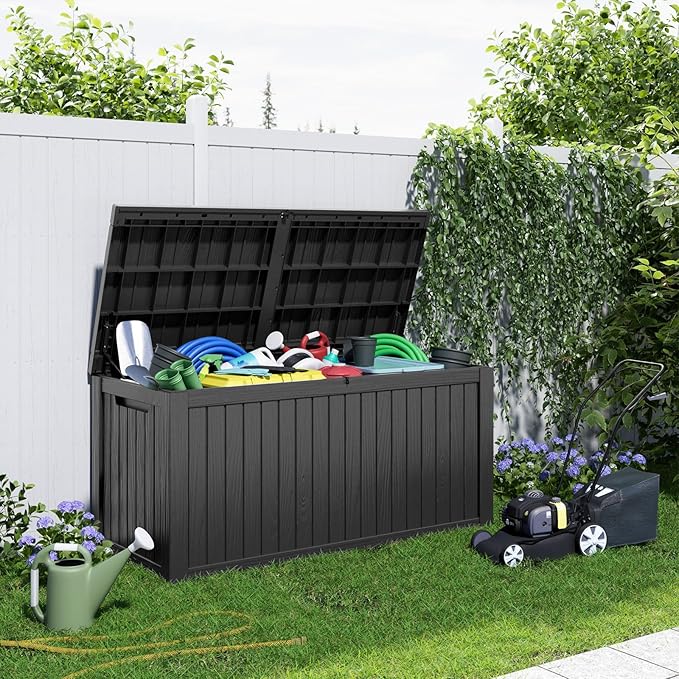 180 Gallon Resin Deck Box, Lockable Patio Outdoor Storage Box for Furniture, Garden Tools and Tools Storage, Waterproof Outside Storage Boxes - Black - Image 4