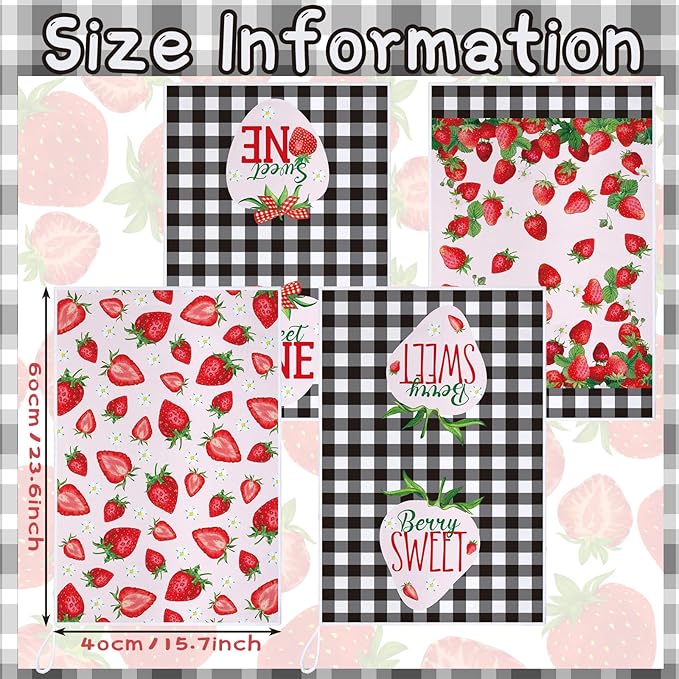 Bencailor 4 Pcs Strawberry Kitchen Towels Spring Berry Hand Dish Towels - Image 3