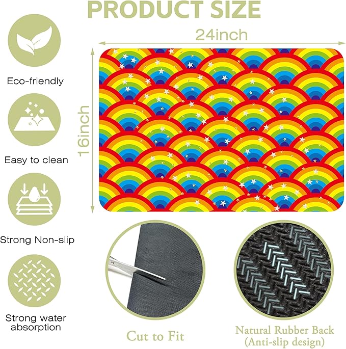 Kitchen Mat Rainbow Half Circle Star Dish Drying Mat 16"x24" Bsorbent Coffee - Image 4