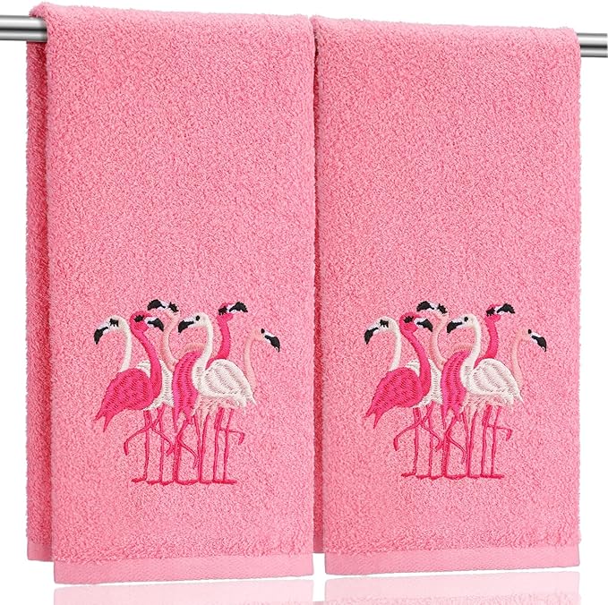2 Pcs Flamingo Hand Towels Hot Pink Bathroom Decor 14x29 Inch Embroidered 100% by SmoothNovelty