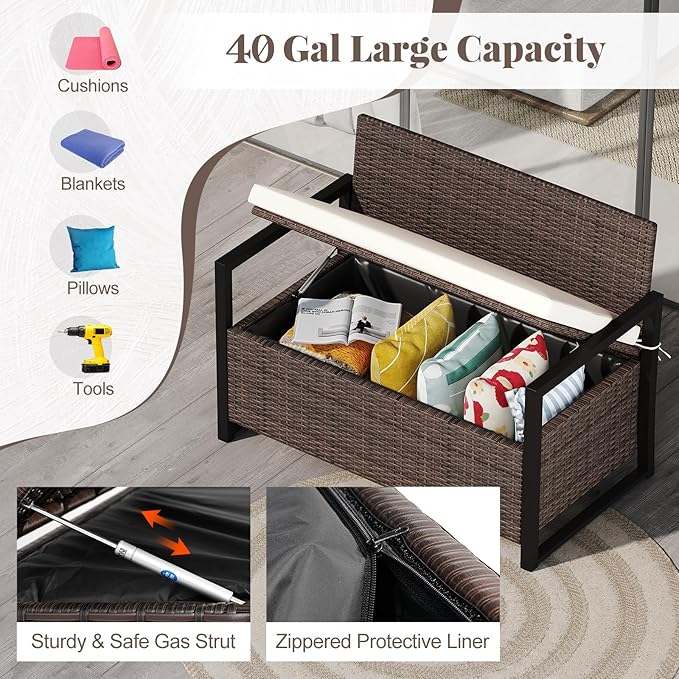 RELAX4LIFE Wicker Outdoor Bench with Storage - Rattan Deck Box w/Protective Liner for Pillows, Pool Supplies, Garden Tools, Patio Loveseat with Seat Cushion & Metal Armrests for Backyard Porch Balcony - Image 6