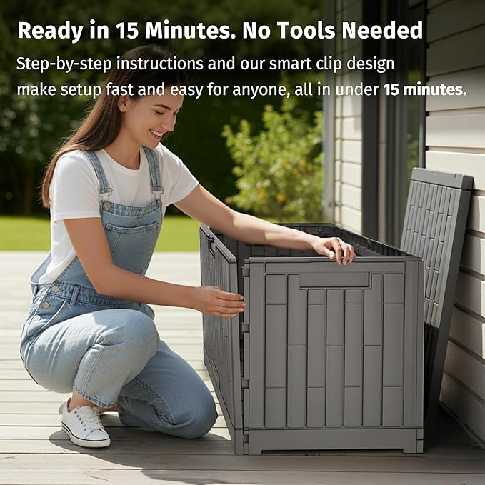 EAST OAK 120 Gallon Outdoor Storage Box | Large Resin Deck Box with Reinforced Stainless Steel Support | Waterproof & UV-Resistant Patio Storage Box for Cushions, Garden Tools & Pool Accessories, Grey - Image 7