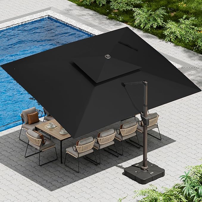 10 X 13 FT Cantilever Patio Umbrella with Led Lights and Base Included Outdoor Heavy Duty Double Top Rectangle Offset Umbrellas with 360-degree Rotation for Pool Deck Backyard, Black by Ombrellon