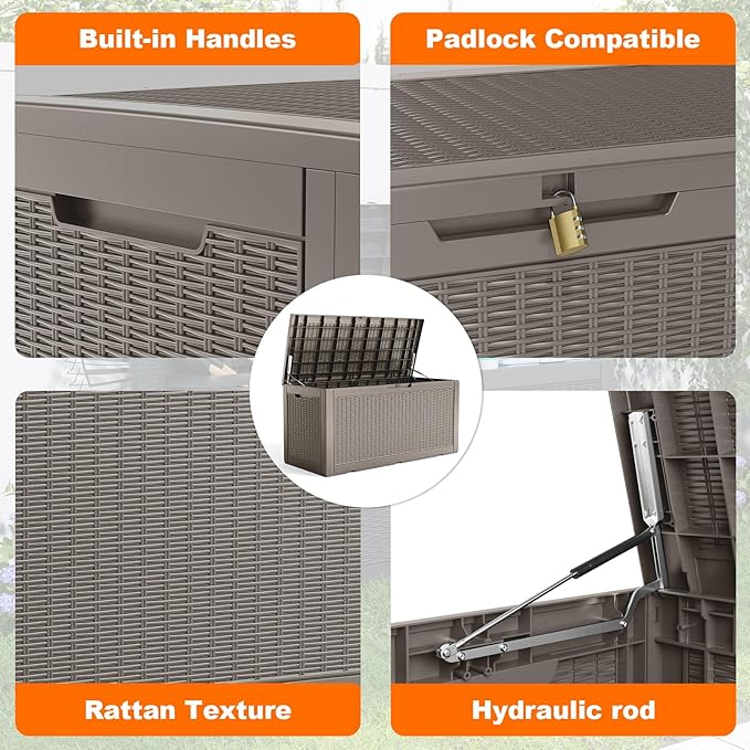 ROJIK Outdoor Storage Housing Deck Box - Waterproof Patio Furniture, Garden Tools, Cushions, Pool Accessories Storage Bench with Lockable Lid and Side Handles (Grey 110 Gal) - Image 4