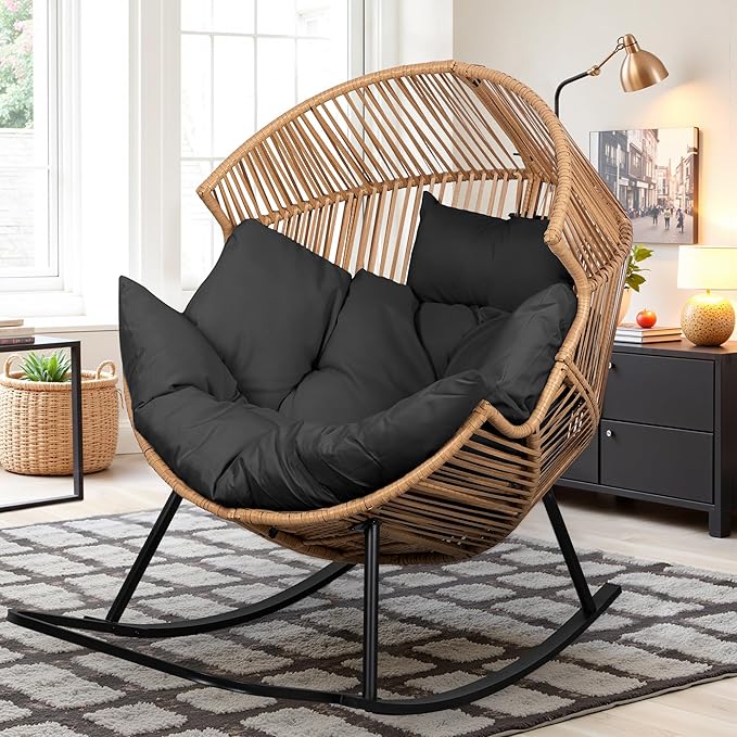Vongrasig Wicker Rocking Egg Chair PE Rattan with Cushion, Oversized Patio Lounge Rocker Chair for Outdoor, Indoor, Balcony, Backyard, Garden, Black by Vongrasig