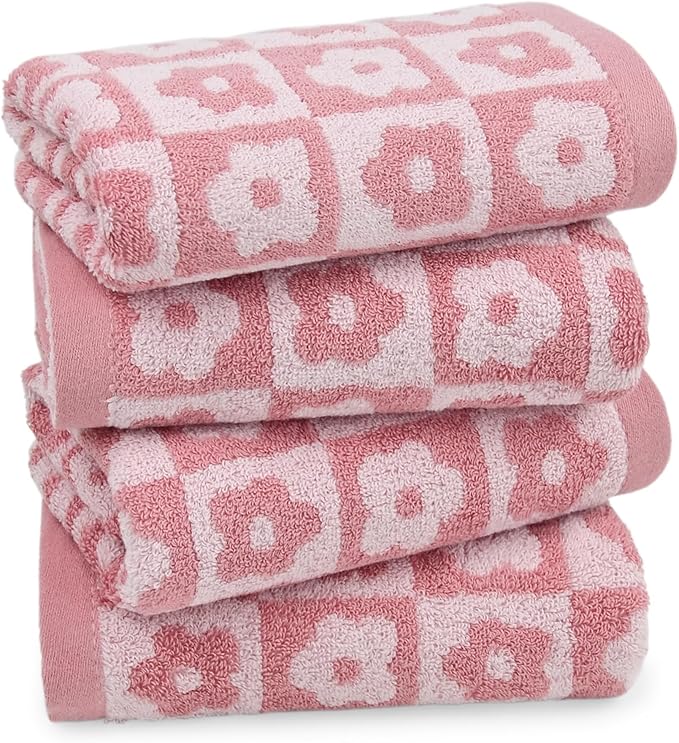 Jacquotha Cotton Hand Towels Pink Checkered Floral by Jacquotha