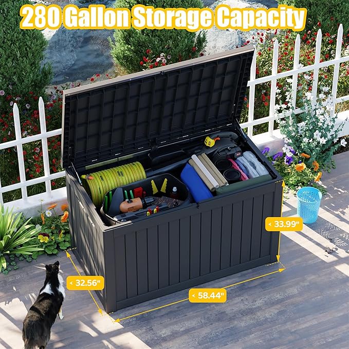 260 Gallon Outdoor Deck Box, Lockable Waterproof Outdoor Storage Boxes For Garden Tools,Indoor Cushions,Accessories Outside Storage Resin Weatherproof Container(Black) - Image 2