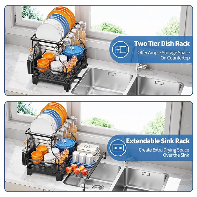 TOOLF Extendable Dish Drying Rack, 2-Tier Dish Rack - Image 3