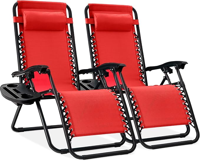 Best Choice Products Set of 2 Adjustable Steel Mesh Zero Gravity Lounge Chair Recliners w/Pillows and Cup Holder Trays - Crimson Red by BestChoiceProducts