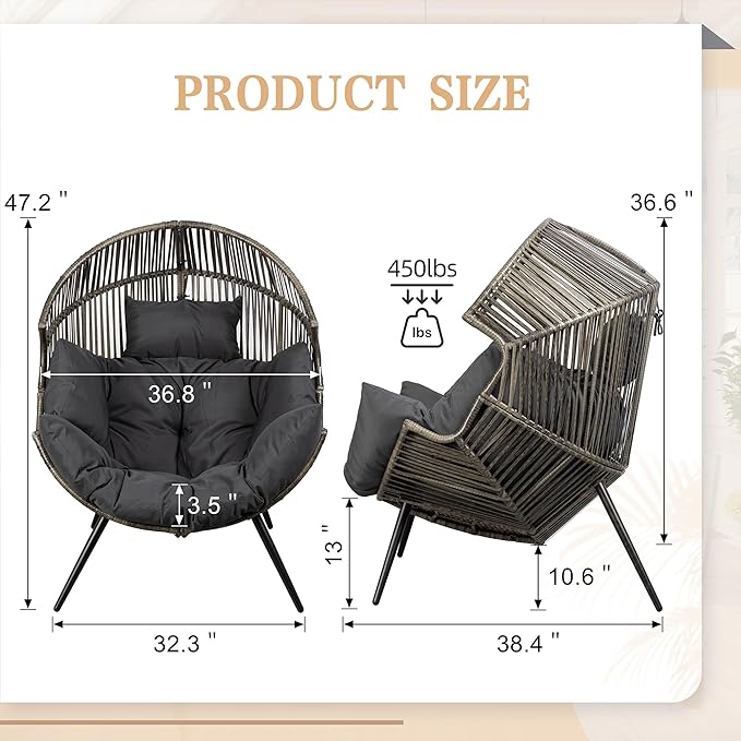 Vongrasig Wicker Egg Chair PE Rattan Chair with Cushion, Oversized Patio Lounge Chair for Outdoor, Indoor, Balcony, Backyard, Garden, Living Room, (Black/Rattan) - Image 2