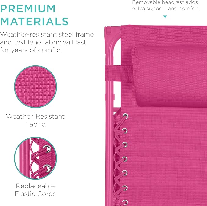 Best Choice Products Folding Zero Gravity Outdoor Recliner Patio Lounge Chair w/Adjustable Canopy Shade, Headrest, Side Accessory Tray, Textilene Mesh - Hot Pink - Image 5