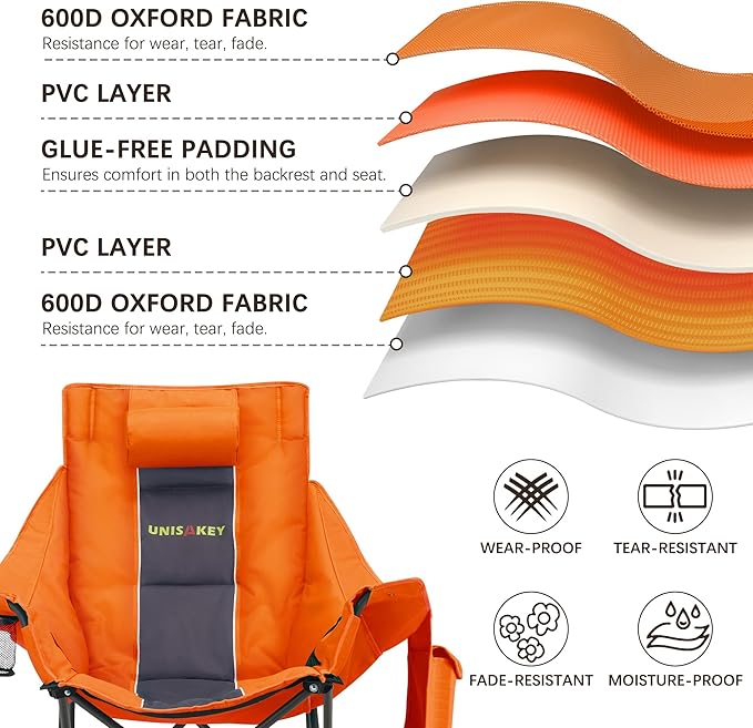 Oversized Rocking Camping Chair with Headrest & Cup Holder - 400lbs Capacity, 600D Oxford Fabric, Easy Fold Portable Outdoor Rocker Chair for Camping, Backyard, Beach, Orange - Image 4