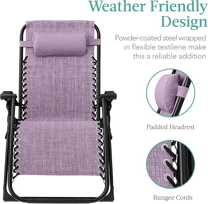 Best Choice Products Oversized Zero Gravity Chair, Folding Outdoor Patio Recliner, XL Anti Gravity Lounger w/Removable Cushion, Cup Holder, Side Tray, 350lb Capacity - Lavender - Image 4