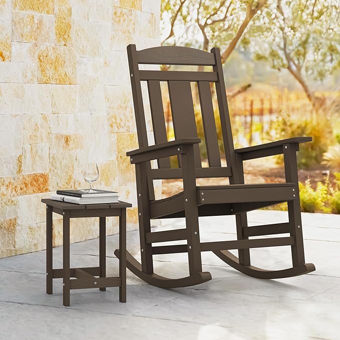 LUE BONA Outdoor Rocking Chairs Set, 3-Piece, Poly Porch Rockers with Table, Plastic Weather Resistant Rocking Chair Set for Outdoor Indoor, Garden, Backyard, 350lb, Brown, Chairs+Table - Image 9
