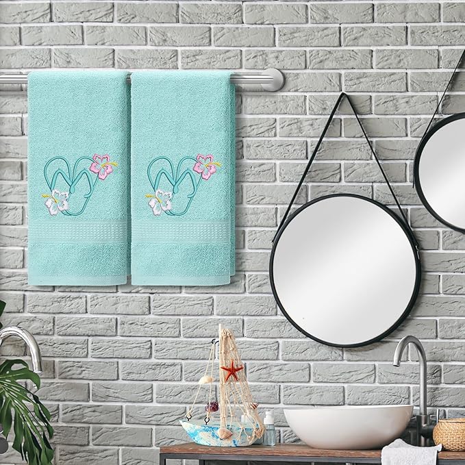 2 Pcs Flip Flops Hand Towels Mint Green Bathroom Decor 14x29 Inch Embroidered - Image 3