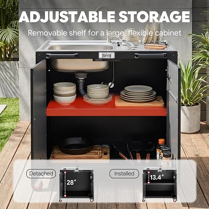 Outdoor Kitchen Island with Stainless Steel Sink and Storage Cabinet, 35-Inch BBQ Prep Station with Faucet & Lockable Wheels for Patio, Backyard, and Outdoor Cooking, Black & Silver - Image 7
