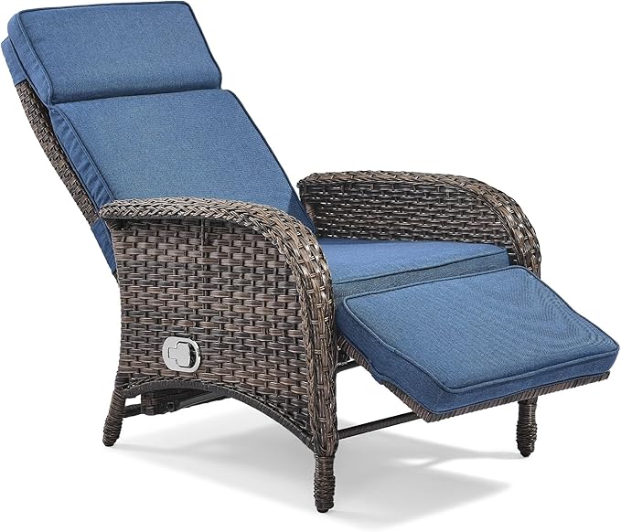 Zero Gravity Wicker Patio Recliner Chair - Wicker Outdoor Lounge Chair with Adjustable Backrest & Footrest, All Weather Outdoor Reclining Chairs with Thick Cushion for Pool Deck Blue - Image 7