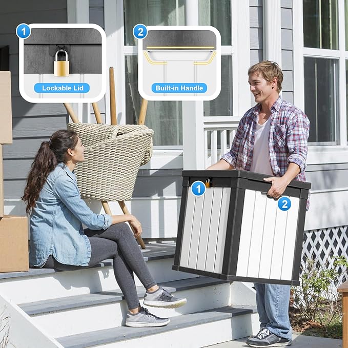 EasyUp 50 Gallon Deck Box Outdoor Storage Box for Patio Furniture,Outdoor Cushions,Garden Tools and Pool Supplies,Waterproof,Resin（Black&White） - Image 5