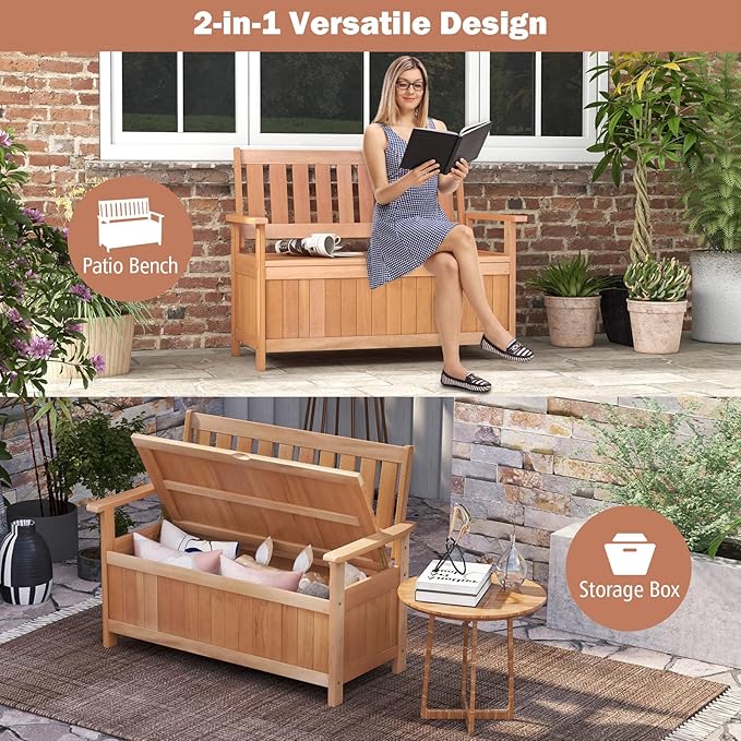 Tangkula 48 Inch Outdoor Wood Storage Bench Deck Box, Wooden Storage Loveseat with 34.2 Gal Inner Space, Entryway Bench Deck Box with Slatted Backrest, Storage Seat for Garden, Lawn, Balcony & Porch - Image 9