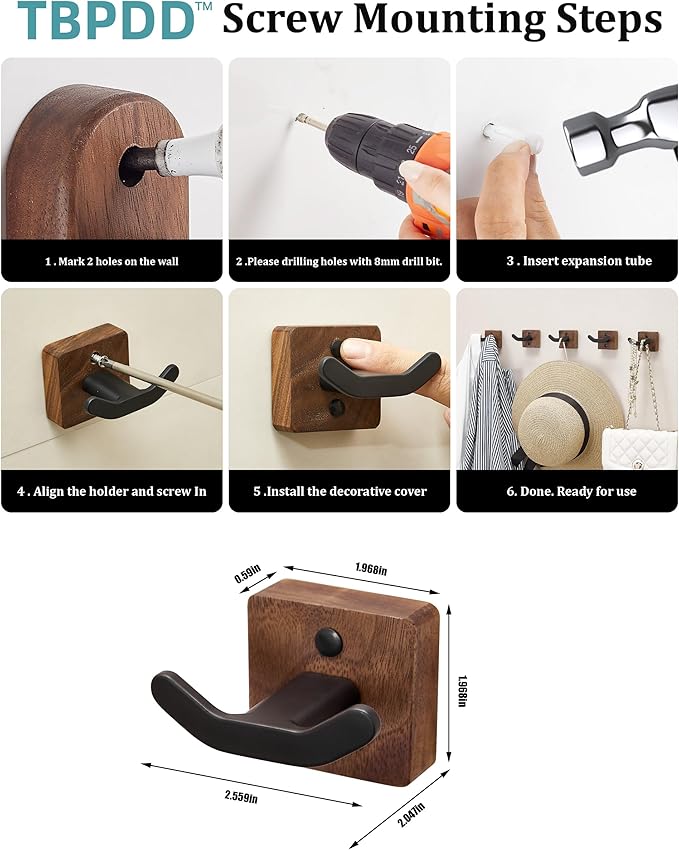 3 Pack Matte Black Wall Coat Hook Rack, Modern Coat Hooks Black Walnut Wood - Image 7