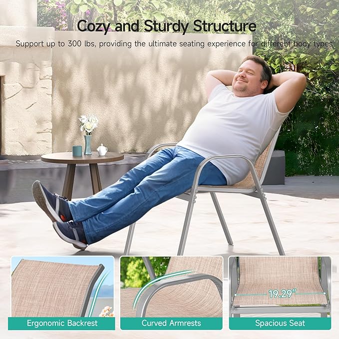 Patio Chairs Set of 2, Easily Set Up Stackable Outdoor Dining Chairs with High Back and Wide Seat, All Weather Breathable Outdoor Chairs Set of 2 with Metal Frame for Backyard Deck Pool, Beige - Image 7