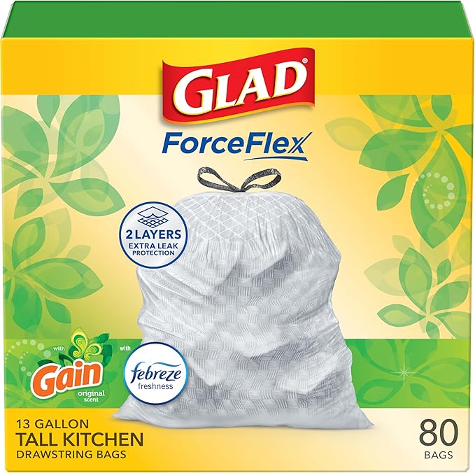 Glad ForceFlex Tall Kitchen Drawstring Trash Bags, 13 Gal, Gain Original by GladTrashFoodStorage