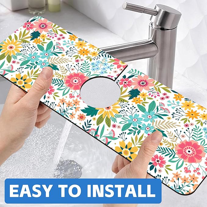 Colorful Floral Leaves Berries Kitchen Sink Splash Guard Mat Absorbent Fast - Image 6