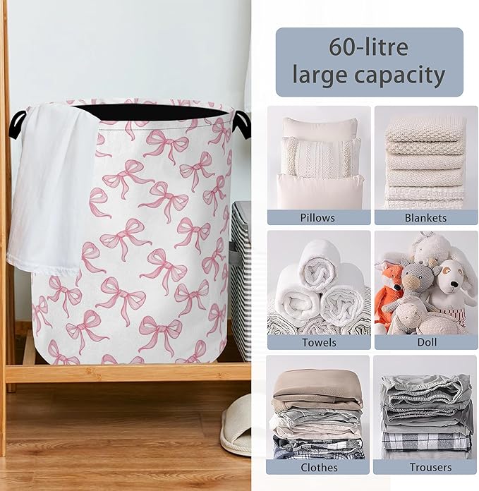 Cute Pink Bow Laundry Basket, Foldable Oxford Cloth Tote Bag Laundry Hamper - Image 6