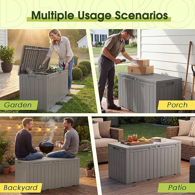 Devoko 100 Gallon Outdoor Storage Box, Waterproof Resin Deck Box for Patio Furniture, Lockable Container for Garden Cushions & Pool Supplies (Light Brown, 100 Gallon) - Image 4
