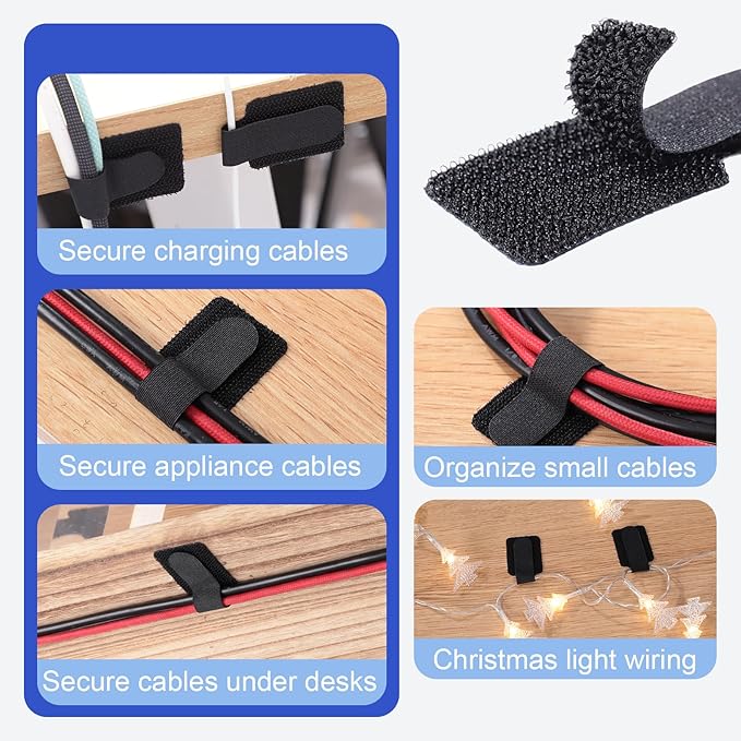 100 Pcs Hook and Loop Cable Ties, Self Adhesive Cable Management Desktop Cable - Image 5