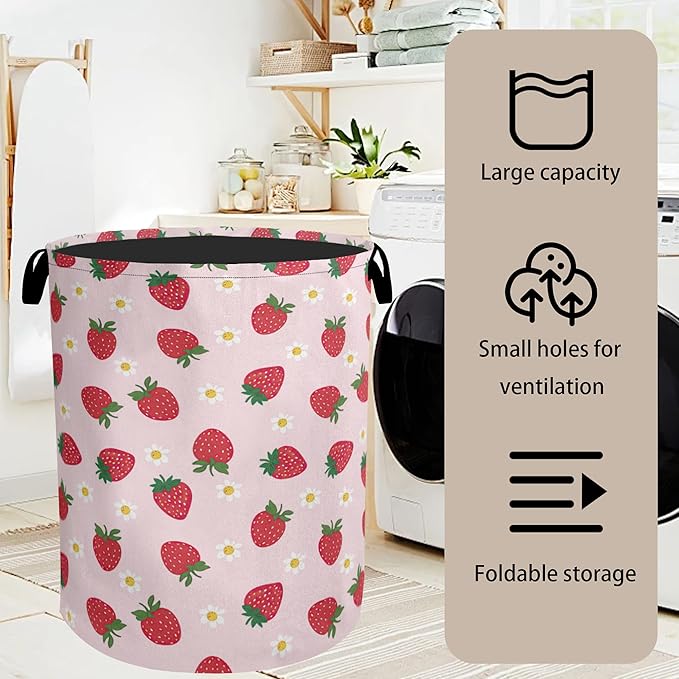 Cute Pink Strawberry Laundry Basket, Extra Large Foldable Hamper - Image 7