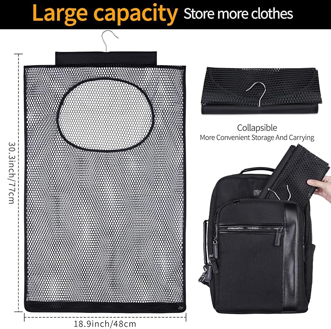 Breathable Mesh Laundry Hamper, Bringing Hooks Foldable Hanging Shower Caddy - Image 2
