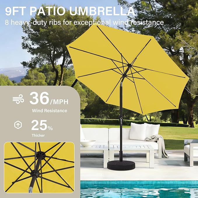 MEWAY 9ft Patio Umbrella Outdoor Table Umbrellas with Push Button Tilt and Crank, Market Umbrella 8 Sturdy Ribs for Deck, Garden, Pool and Backyard, Yellow - Image 4